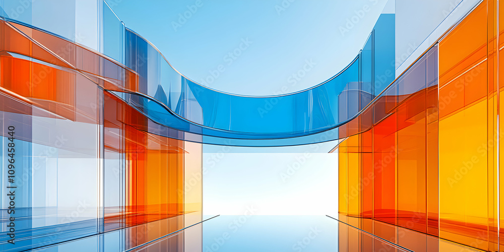 Poster abstract 3d rendering of glass architecture with orange and blue panels creating a futuristic design