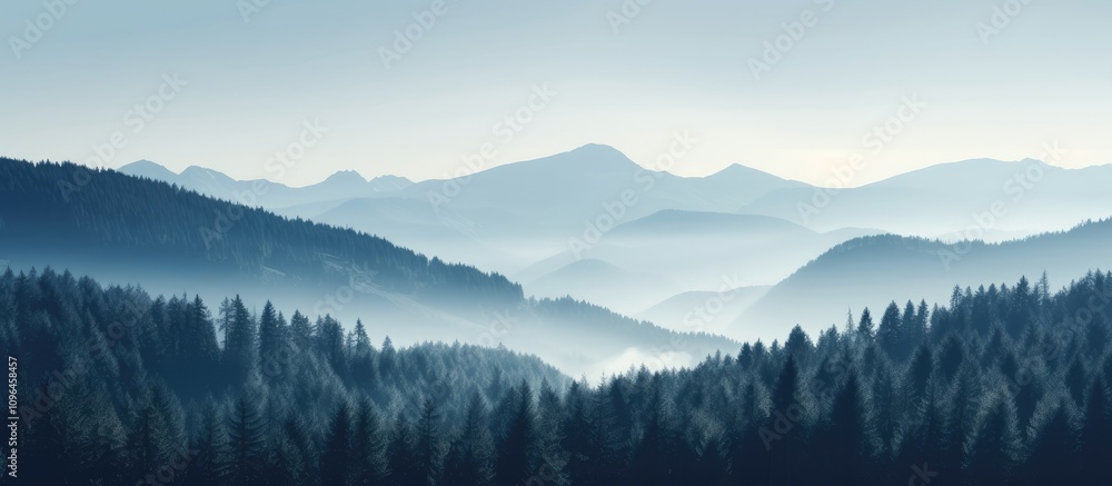Poster serene mountain landscape with layers of pine trees shrouded in fog and mist elegantly resting in th