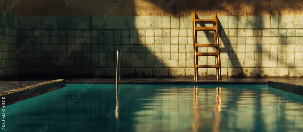 Poster ladder next to tranquil swimming pool with reflections and soft shadows creating a serene atmosphere