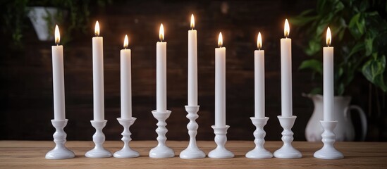 Elegant white candles in assorted candlesticks creating a warm ambiance on a rustic wooden table with soft lighting and greenery backdrop.