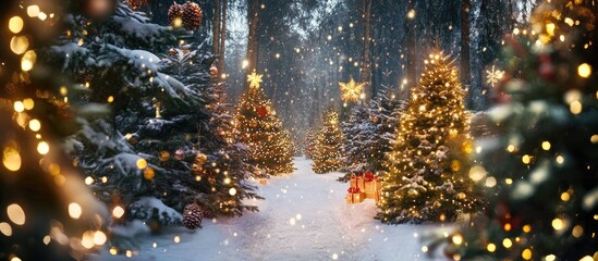 Naklejka premium Enchanting winter forest with decorated Christmas trees surrounded by snow, festive lights, and a magical holiday atmosphere