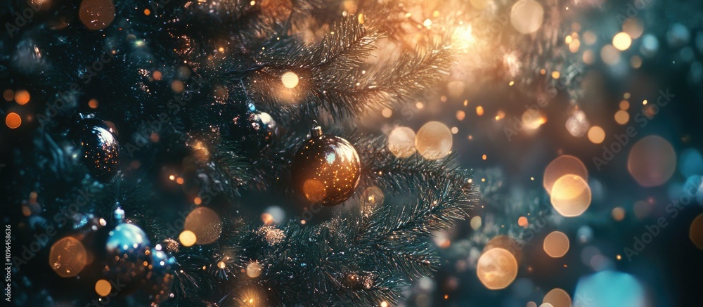 Poster holiday fir tree beautifully decorated with shining ornaments and soft bokeh lights creating a festi