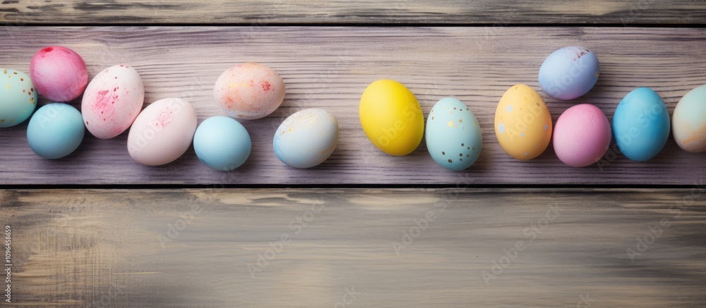Poster pastel easter eggs arranged on a rustic wooden board creating a festive and vibrant spring backgroun