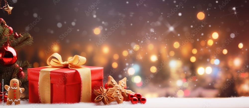 Aufkleber festive christmas backdrop with red gift box gingerbread cookies fir tree and bokeh lights creating 