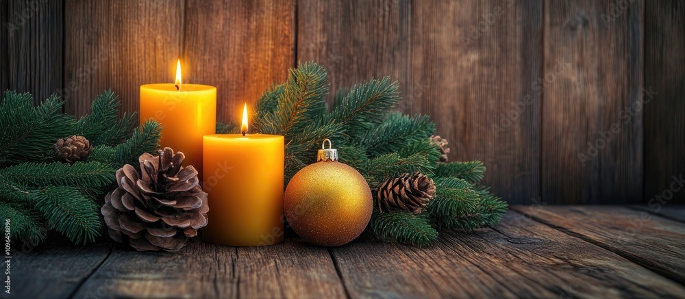 Poster christmas candles and ornaments with pine cones arranged on wooden table creating a warm festive atm