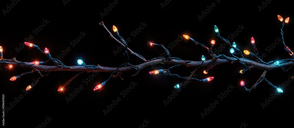 Poster Colorful Christmas lights wrapped around tree branches creating a festive atmosphere against a dark background symbolizing warmth and joy