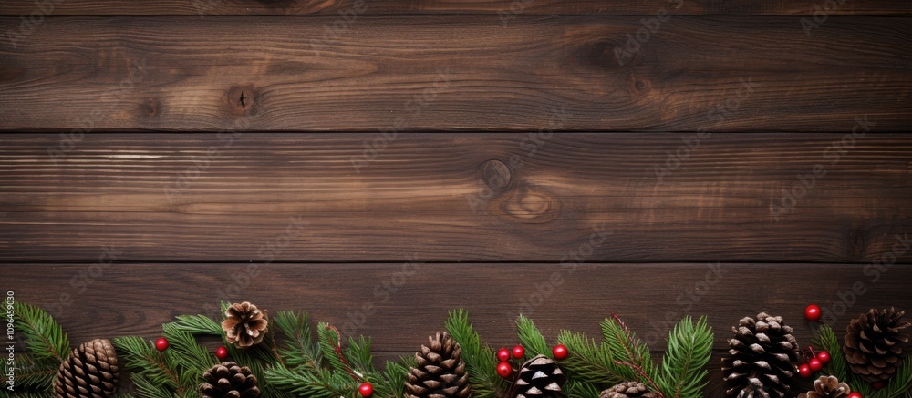 Aufkleber christmas decoration frame with ornaments fir branches and pine cones on rustic wooden table creatin