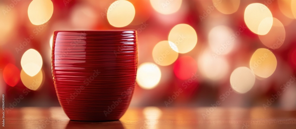 Poster red ceramic cup in selective focus with a vibrant bokeh background creating a warm and inviting atmo