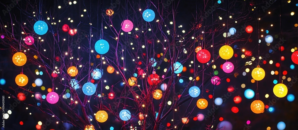Poster colorful new year tree decorated with vibrant balls illuminated against a dark background filled wit
