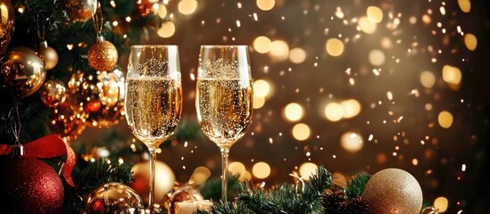 Festive New Year and Christmas celebration with champagne glasses and sparkling decorations creating a joyful atmosphere