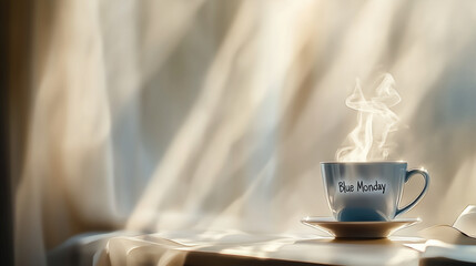 Steaming blue coffee cup with "Blue monday" text on a sunlit table with soft curtains in the background
