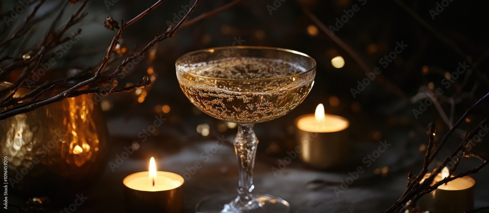 Poster elegant champagne in a golden glass surrounded by soft candlelight and delicate branches set against