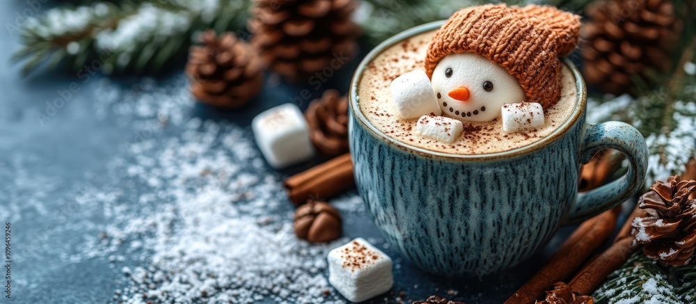 Poster Festive winter coffee with marshmallow snowman in a cozy setting surrounded by pine cones and cinnamon sticks on a snowy backdrop