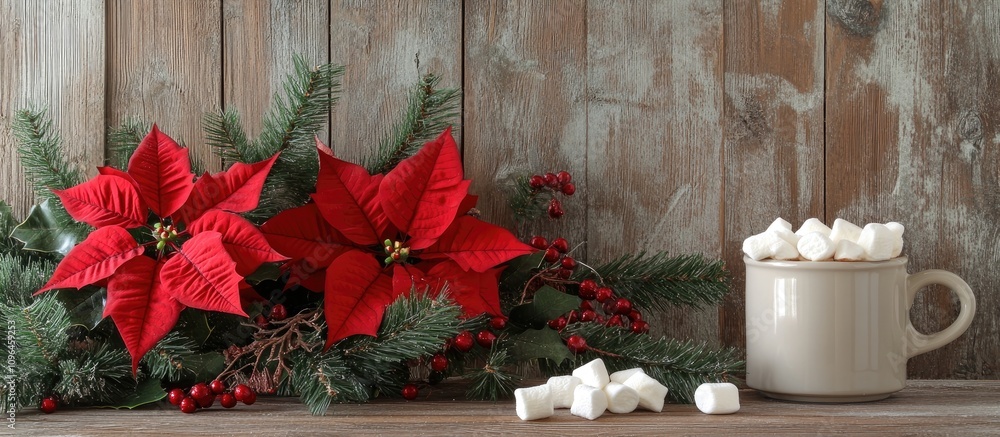 Aufkleber Christmas decoration with red poinsettia flowers fir branches and a mug of cocoa with marshmallows on a rustic wooden surface with copy space