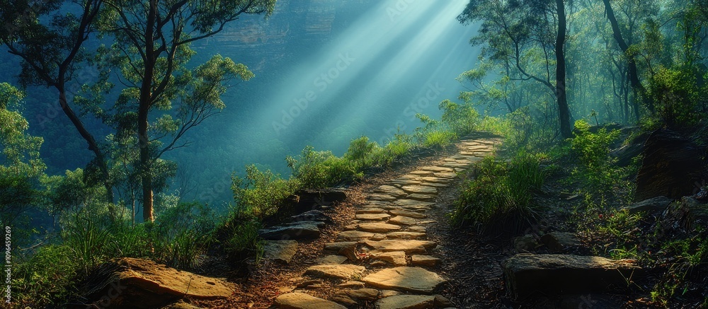 Poster serene forest pathway illuminated by soft rays of sunlight filtering through trees creating a tranqu