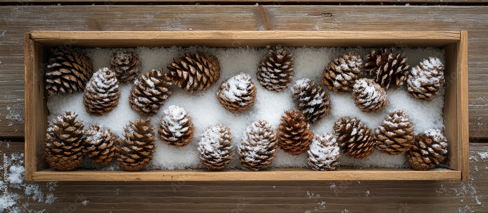 Poster christmas themed pine cones and snow in a wooden box on a rustic background featured in a flat lay a