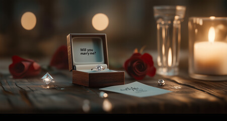 Romantic engagement ring in a wooden box surrounded by roses and candles on a rustic table for Propose Day