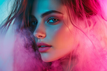 Vivid portrait of a woman with colorful lighting and ethereal smoke effects.