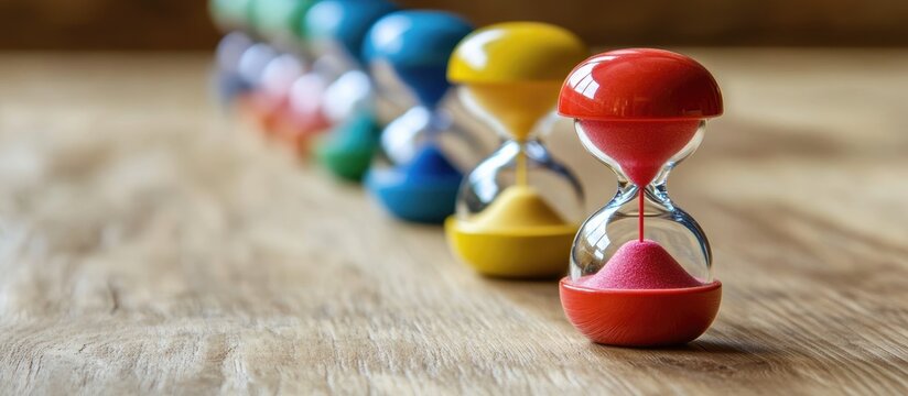 Colorful hourglasses lined up symbolizing time management and readiness for progress in tasks and decision-making.