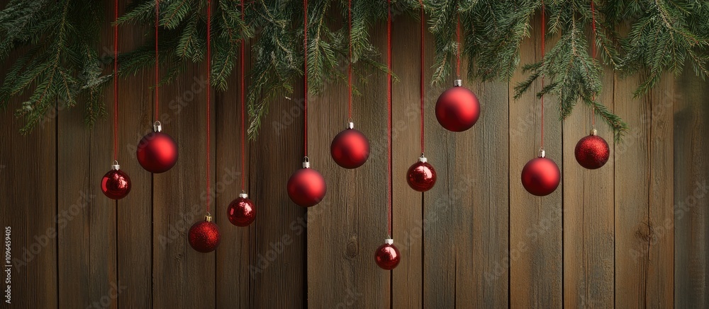 Poster festive red christmas ornaments hanging from a tree with a rustic wooden background creating a warm 