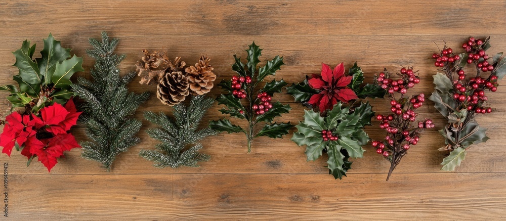 Poster Festive Christmas decorations arranged on a rustic wooden table with space for text or design in a bird's eye view perspective
