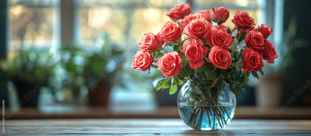 Poster closeup of vibrant roses in a glass vase on a rustic wooden table with natural light filtering throu