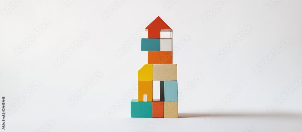 Poster colorful wooden blocks creatively stacked to resemble a house structure on a clean, white background