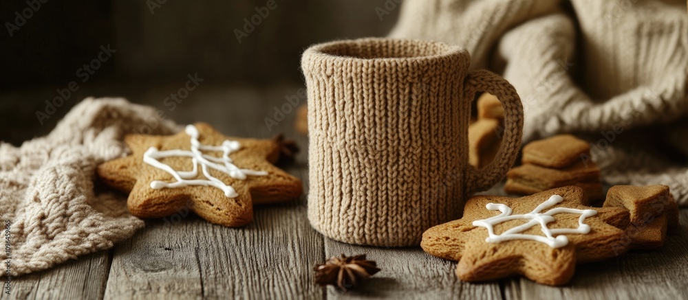 Poster cozy knitted cups with gingerbread cookies on a rustic wooden table creating a warm and inviting atm