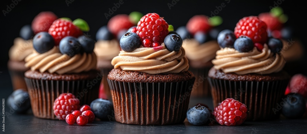 Poster colorful chocolate cupcakes topped with berries and candy displayed on a dark background for a delig