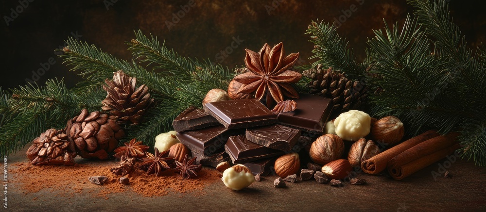 Poster rustic winter arrangement of christmas spices cinnamon anise dark chocolate and hazelnuts with pine 
