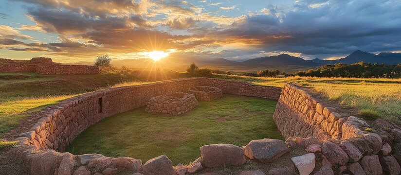 Serene sunset over pre-Inca archaeological site highlighting ancient stone structures against a dramatic sky and lush green landscape.