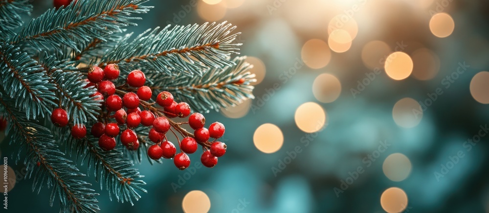 Poster Christmas fir branch with vibrant red berries and blurred festive lights in the background creating a warm holiday atmosphere