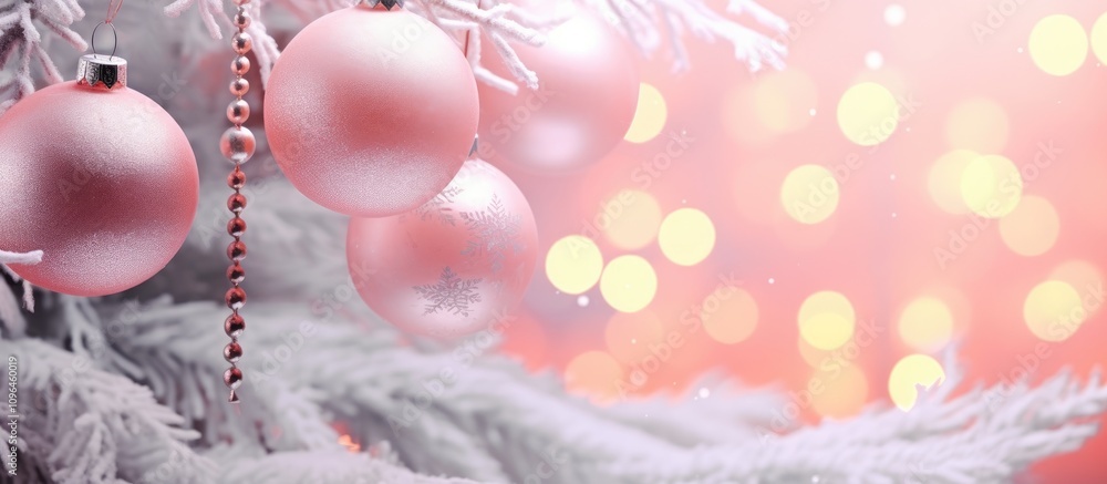Poster elegant christmas tree decorations with pink bokeh snowflakes creating a festive backdrop for holida