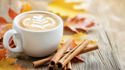 Autumnal latte art coffee with cinnamon sticks on wooden table.