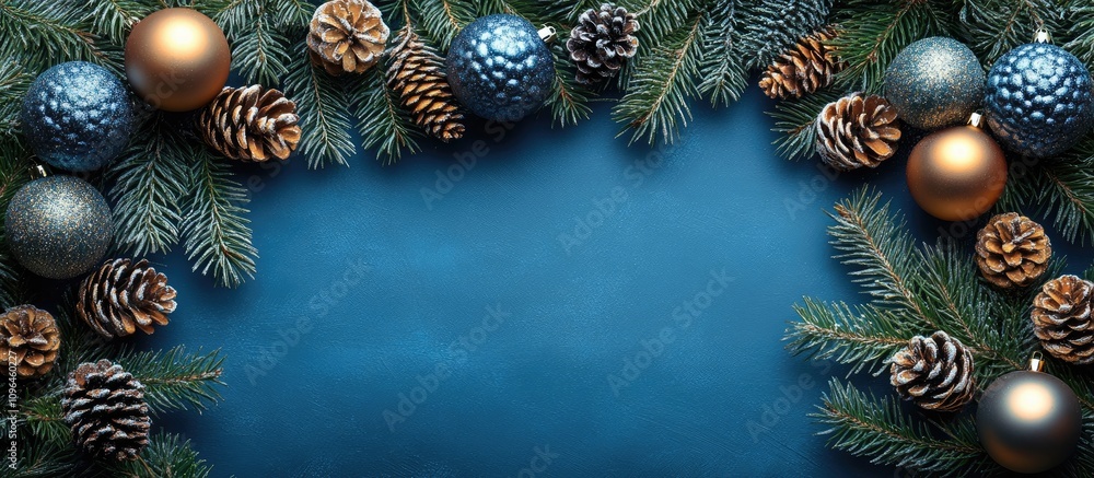 Poster Artistic minimal Christmas greeting card design with blue backdrop and decorative elements for customizable text space