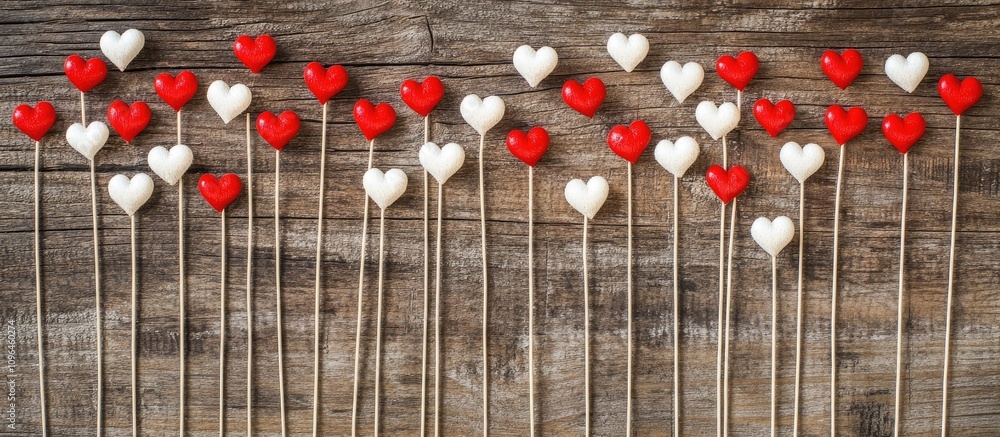Poster red and white heart shapes on sticks arranged on a rustic wooden background creating a romantic and 