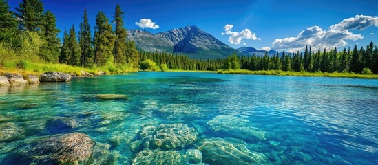 Serene river landscape with crystal clear water and breathtaking mountain scenery under a vibrant blue sky