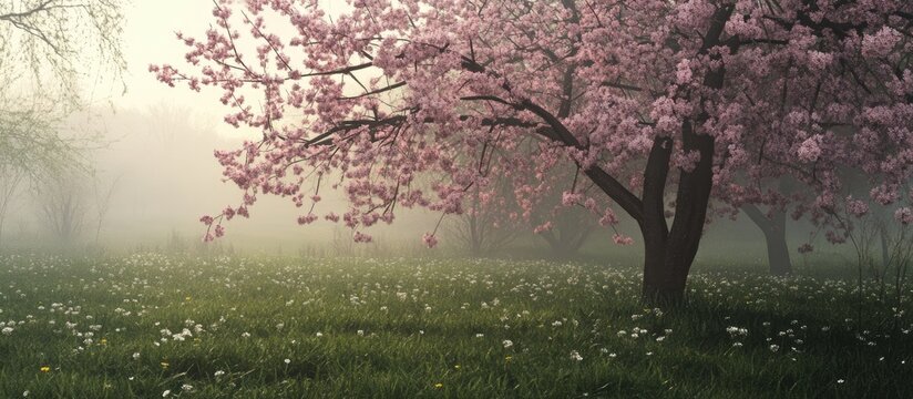 Blooming cherry blossoms in foggy landscape with green grass and wildflowers during tranquil spring morning scene.