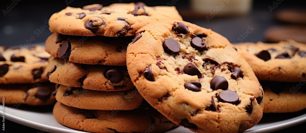 Poster delicious chocolate chip cookies stacked on a plate showcasing a tempting dessert option for menus a