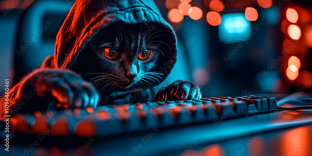 Poster black cat hacker. typing codes in neon light