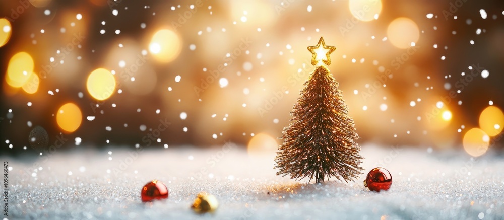 Poster christmas tree with decorations on snowy surface against a blurred bokeh background highlighting fes