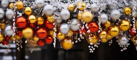 Festive close up of a decorated Christmas tree featuring red gold yellow white and silver ornaments against a winter backdrop