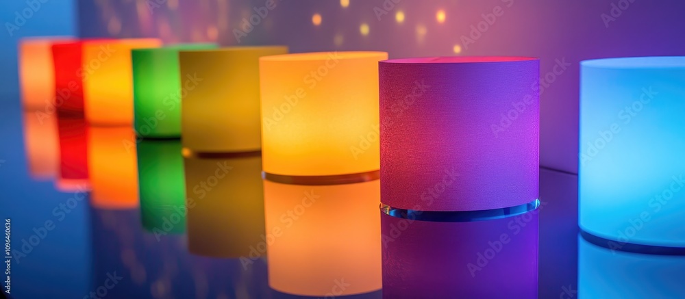 Poster multicolored illuminated paper rolls casting reflections on a glossy surface creating a vibrant and 