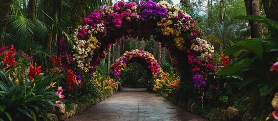 Enchanting floral arches in vibrant colors create a picturesque pathway in a tropical garden setting.