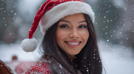 A beautiful Hispanic woman in her late thirties with long dark hair, wearing a festive Christmas outfit, smiles as she rides on the back of Santa's sleigh through an open winter la