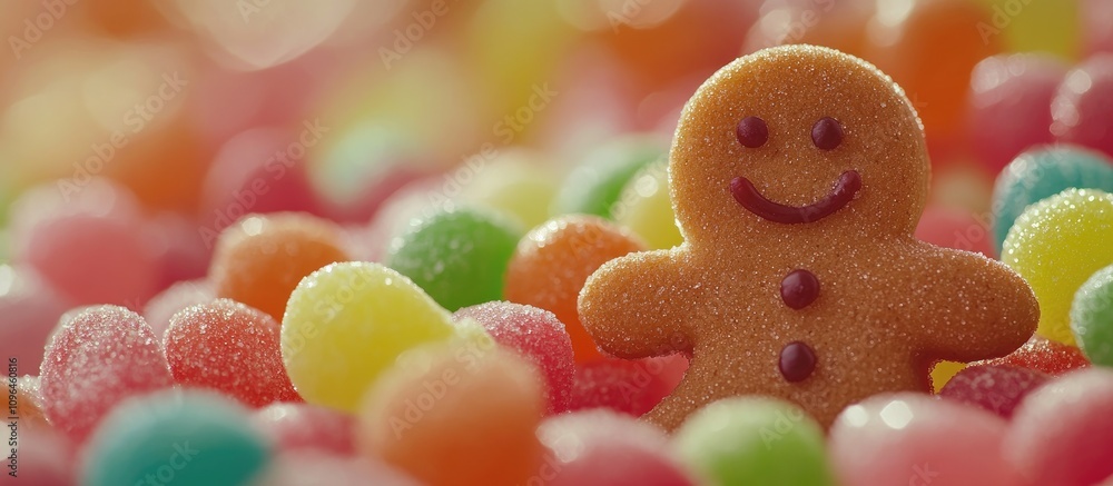 Aufkleber Smiling gingerbread man surrounded by vibrant gumdrops in a colorful close-up still life image with shallow depth of field.