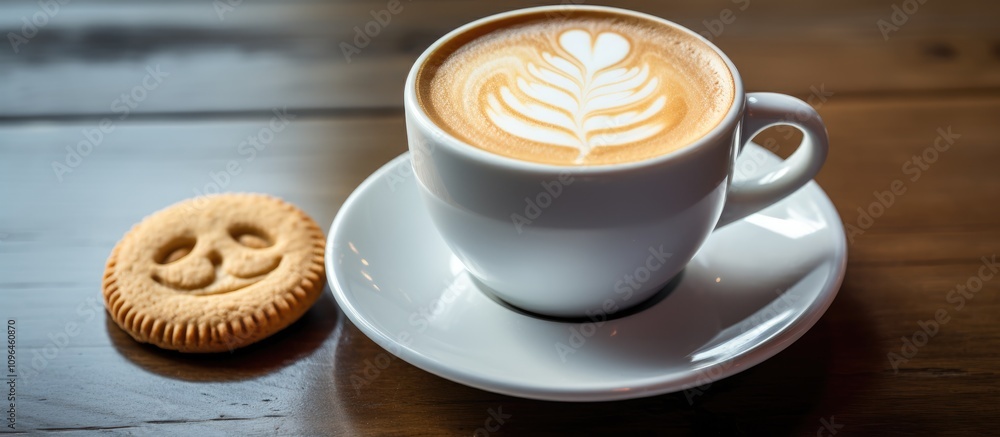 Poster Cup of cafe au lait with latte art next to a smiling cookie on a wooden table setting