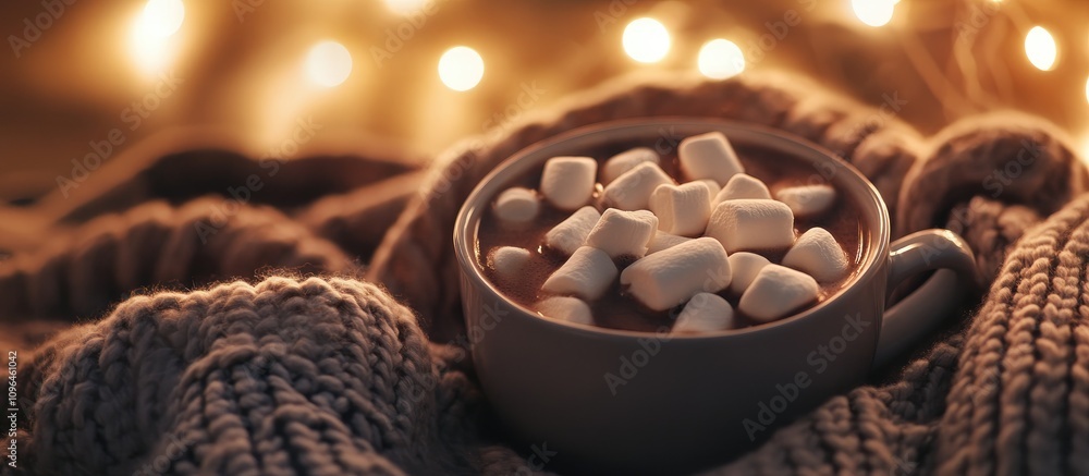 Poster cozy hot chocolate with marshmallows on warm sweater surrounded by soft lights creating a delightful