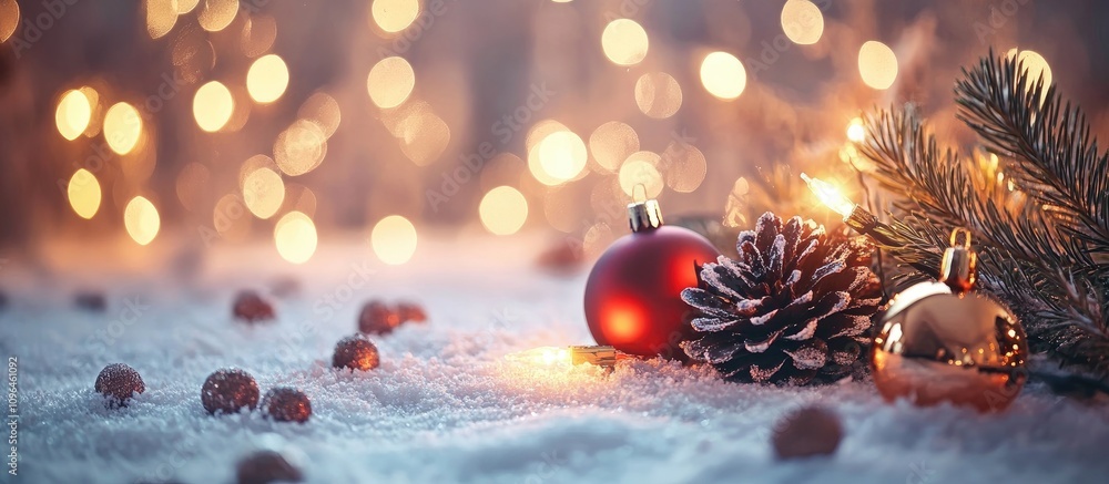 Aufkleber festive christmas decorations with ornaments and pinecone on snowy surface illuminated by soft bokeh