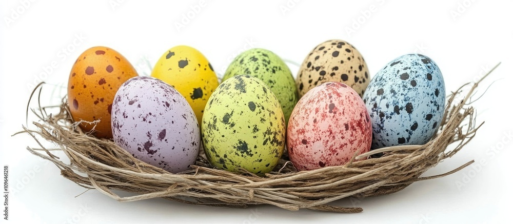 Poster colorful easter eggs arranged in a nest showcasing vibrant patterns against a clean white background